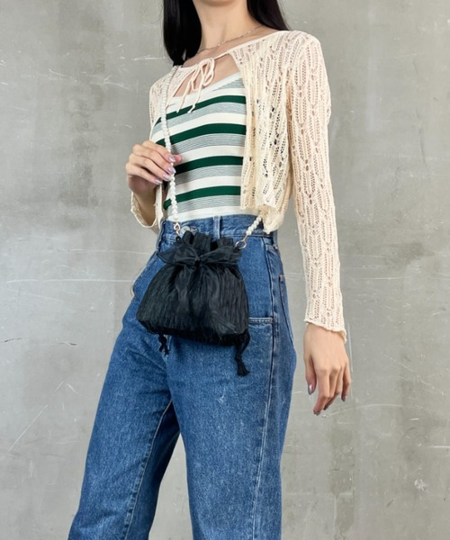 セール】パール風ビーズストラップ ふんわりリボン 巾着ショルダー