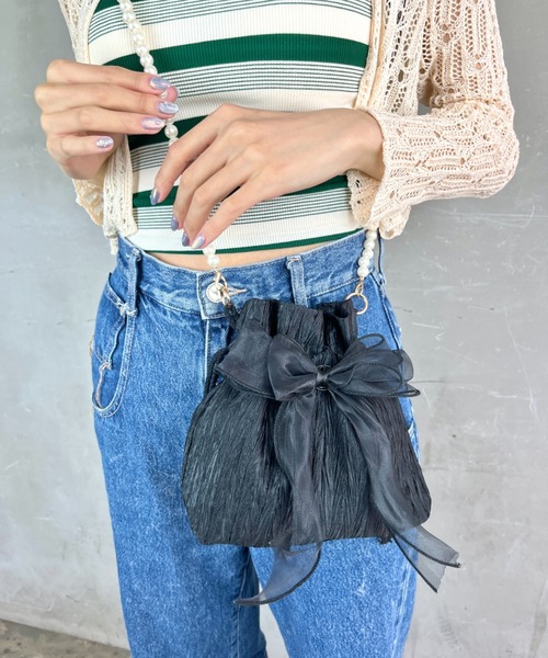 セール】パール風ビーズストラップ ふんわりリボン 巾着