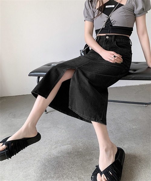 FREE STYLISTS(フリー スタイリスト)の「フロントスリットデニムスカート(スカート・レディース・ブラック/ブルー・S/M/L/XL)」の5枚目の写真