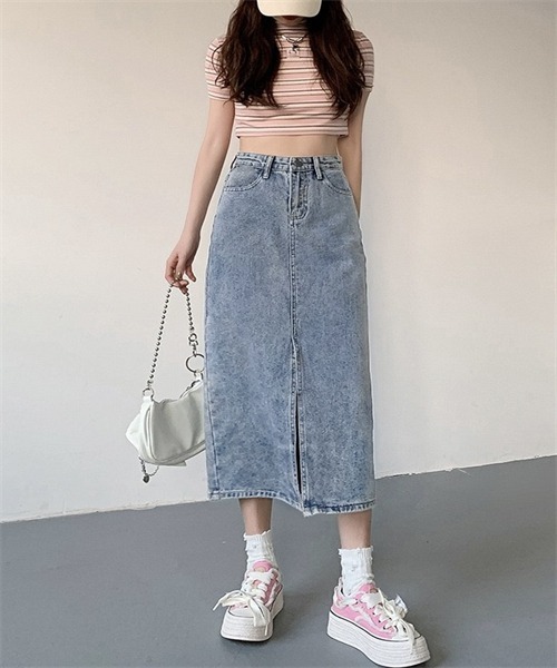 FREE STYLISTS(フリー スタイリスト)の「フロントスリットデニムスカート(スカート・レディース・ブラック/ブルー・S/M/L/XL)」の8枚目の写真