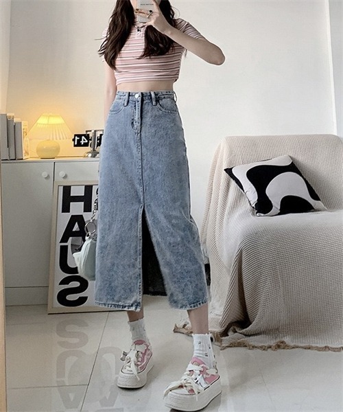 FREE STYLISTS(フリー スタイリスト)の「フロントスリットデニムスカート(スカート・レディース・ブラック/ブルー・S/M/L/XL)」の13枚目の写真