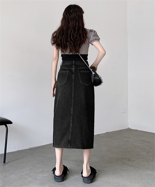 FREE STYLISTS(フリー スタイリスト)の「フロントスリットデニムスカート(スカート・レディース・ブラック/ブルー・S/M/L/XL)」の7枚目の写真