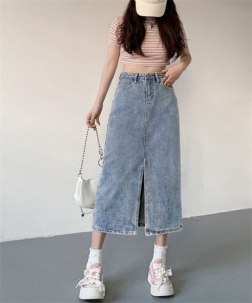 FREE STYLISTS(フリー スタイリスト)の「フロントスリットデニムスカート(スカート・レディース・ブラック/ブルー・S/M/L/XL)」の9枚目の写真