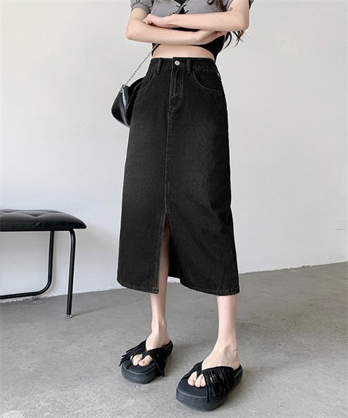 FREE STYLISTS(フリー スタイリスト)の「フロントスリットデニムスカート(スカート・レディース・ブラック/ブルー・S/M/L/XL)」の4枚目の写真