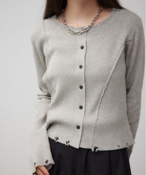 AZUL by moussy(アズールバイマウジー)の「ダメージスイッチングカーディガン(カーディガン/ボレロ・レディース・ブラック/イエロー系その他/杢グレー・FREE)」の2枚目の写真