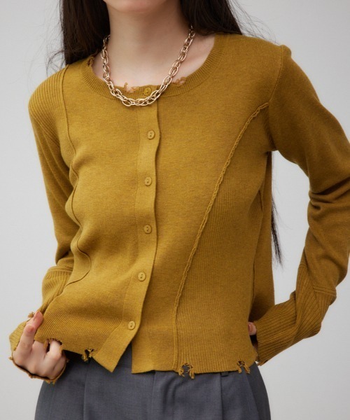 AZUL by moussy(アズールバイマウジー)の「ダメージスイッチングカーディガン(カーディガン/ボレロ・レディース・ブラック/イエロー系その他/杢グレー・FREE)」の3枚目の写真