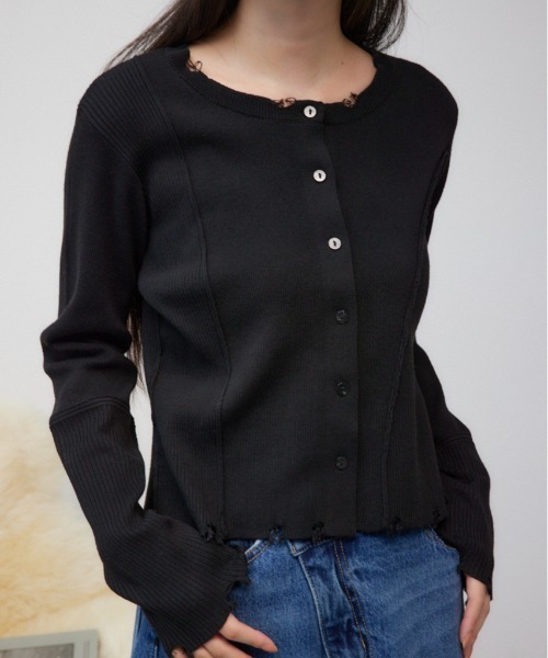 AZUL by moussy(アズールバイマウジー)の「ダメージスイッチングカーディガン(カーディガン/ボレロ・レディース・ブラック/イエロー系その他/杢グレー・FREE)」の1枚目の写真