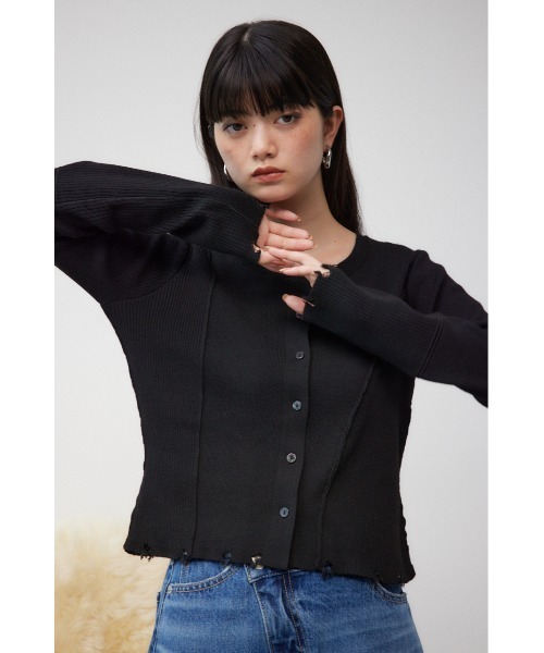 AZUL by moussy(アズールバイマウジー)の「ダメージスイッチングカーディガン(カーディガン/ボレロ・レディース・ブラック/イエロー系その他/杢グレー・FREE)」の4枚目の写真