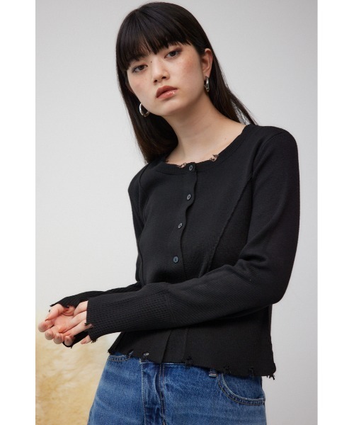 AZUL by moussy(アズールバイマウジー)の「ダメージスイッチングカーディガン(カーディガン/ボレロ・レディース・ブラック/イエロー系その他/杢グレー・FREE)」の5枚目の写真