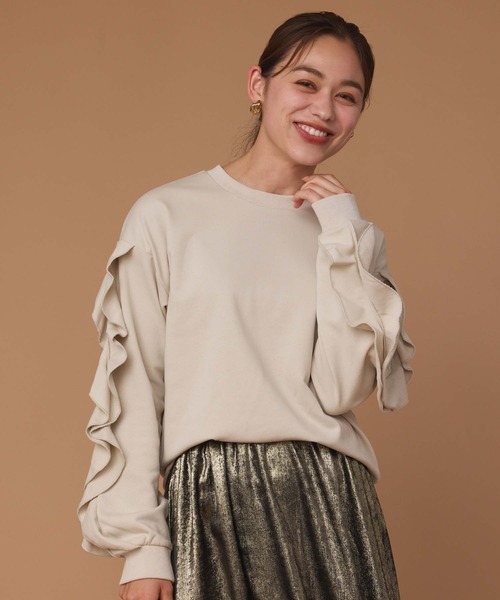 Edit Sheen(エディットシーン)の「袖フリルプルオーバー(Tシャツ/カットソー・レディース・グレー/グレイッシュベージュ/ブラック・M)」の1枚目の写真