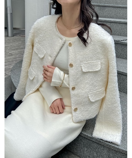 入卒式 セレモニー]ボアリボン金釦ノーカラーツイードジャケット（ノー