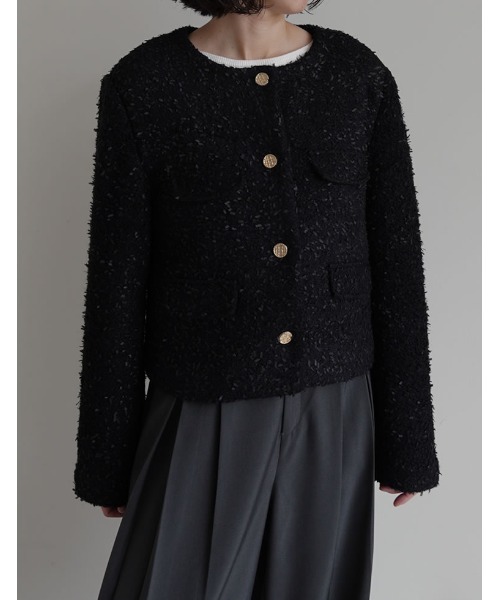 Re:EDIT（リエディ）の「[入卒式 セレモニー]ボアリボン金釦ノーカラーツイードジャケット（ノーカラージャケット・レディース・ホワイト/レッド/ピンク/ブラック/グレー・MEDIUM/LARGE）」の12枚目の写真