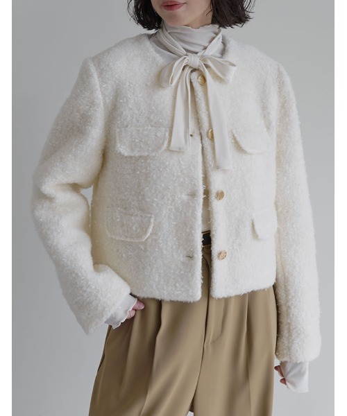 入卒式 セレモニー]ボアリボン金釦ノーカラーツイードジャケット