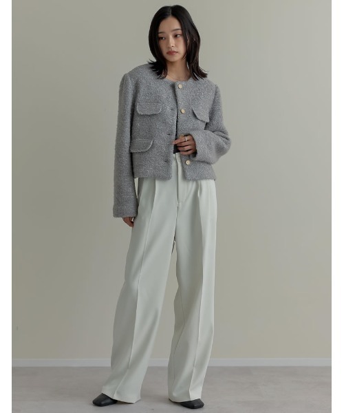 入卒式 セレモニー]ボアリボン金釦ノーカラーツイードジャケット