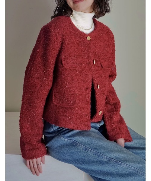 入卒式 セレモニー]ボアリボン金釦ノーカラーツイードジャケット（ノー