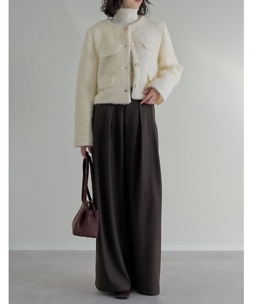 セール】[入卒式 セレモニー]ボアリボン金釦ノーカラーツイード