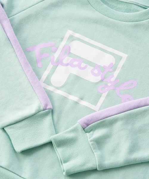 FILA（フィラ）の「【FILA/フィラ】キッズロゴ裏毛スウェット　トレーナー　ダンス　通学（スウェット・キッズ・ミント/ラベンダー・130/140/150/160）」の6枚目の写真