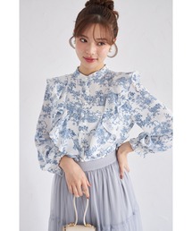 ほぼ未使用 tocco closet フリル ブラウス 花柄 ネイビー リボン付きフラワーモチーフレース×フリルブラウス