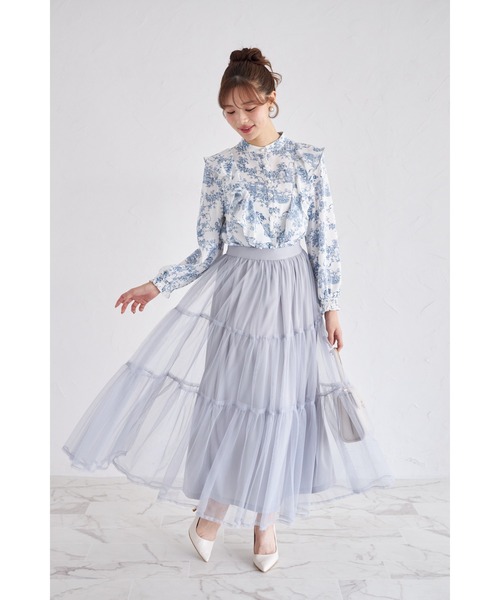 tocco closet（トッコ　クローゼット）の「ラッフルフリル付きパール釦トワルドジューイ柄ブラウス（シャツ/ブラウス・レディース・ブラック/ブルー・M）」の21枚目の写真