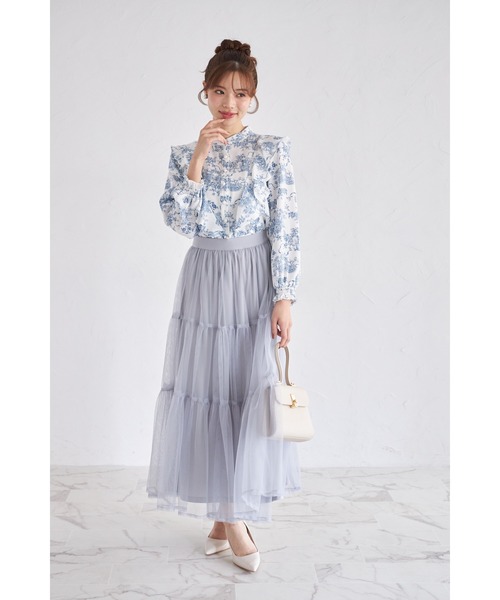 tocco closet（トッコ　クローゼット）の「ラッフルフリル付きパール釦トワルドジューイ柄ブラウス（シャツ/ブラウス・レディース・ブラック/ブルー・M）」の20枚目の写真