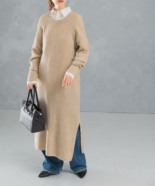 セール】ヤク混サイドスリット畦ニットワンピース（ワンピース