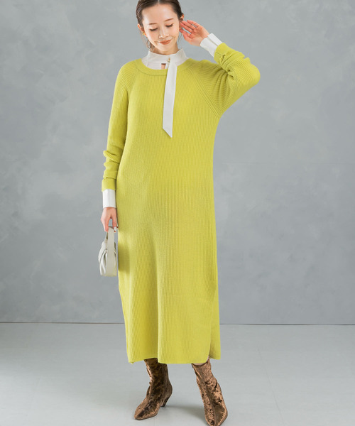 豆奴① セール】ヤク混サイドスリット畦ニットワンピース（ワンピース