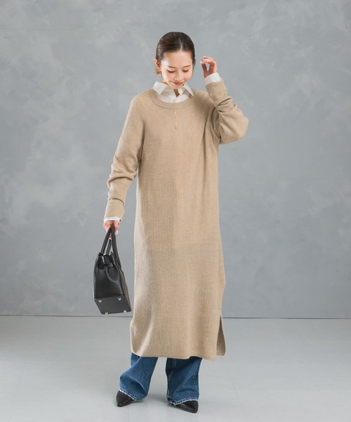 セール】ヤク混サイドスリット畦ニットワンピース（ワンピース