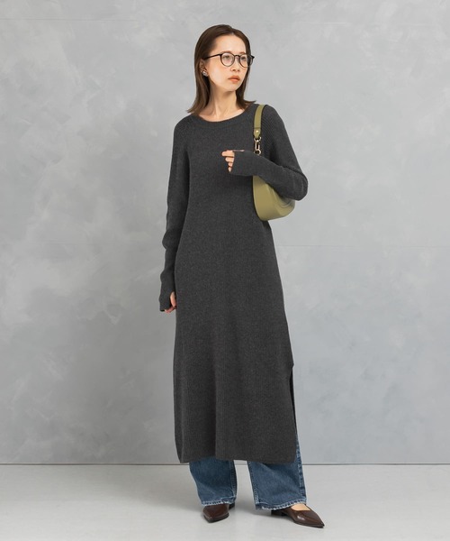 セール】ヤク混サイドスリット畦ニットワンピース（ワンピース