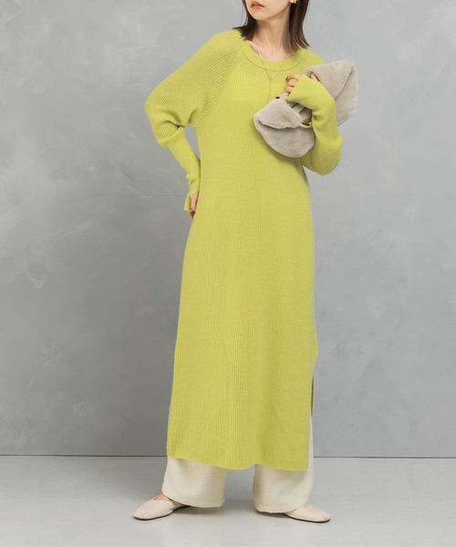 セール】ヤク混サイドスリット畦ニットワンピース（ワンピース