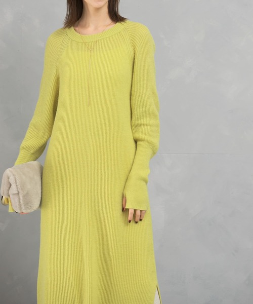 セール】ヤク混サイドスリット畦ニットワンピース（ワンピース