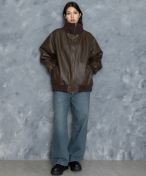 セール】Vintage-like synthetic leather rib turtle blouson