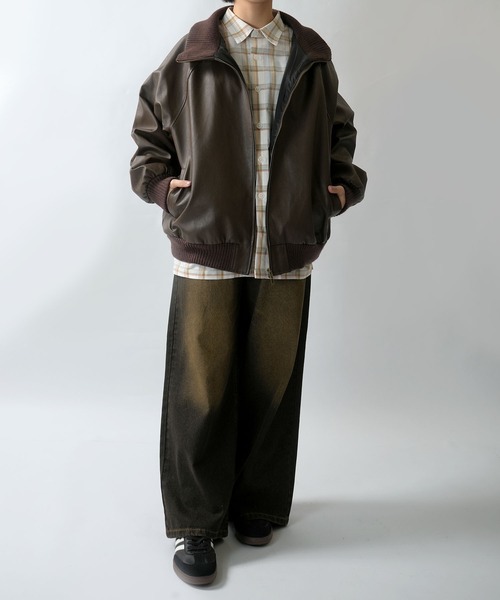 セール】Vintage-like synthetic leather rib turtle blouson