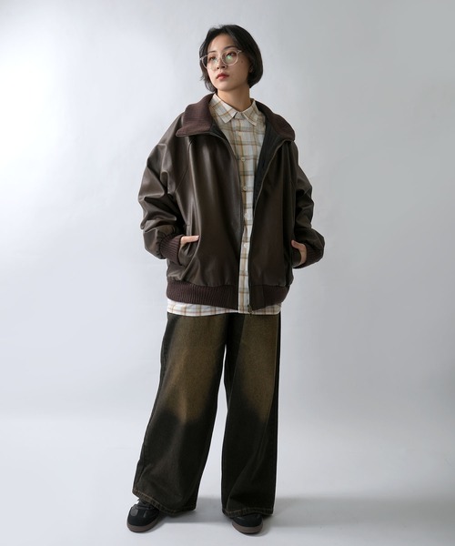 セール】Vintage-like synthetic leather rib turtle blouson