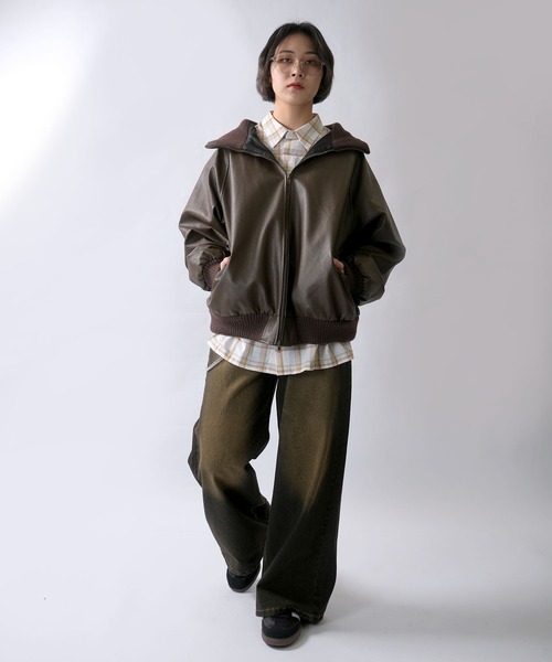 cosyoung出品 セール】Vintage-like synthetic leather rib turtle blouson