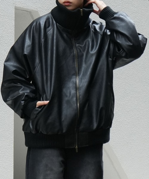 セール】Vintage-like synthetic leather rib turtle blouson