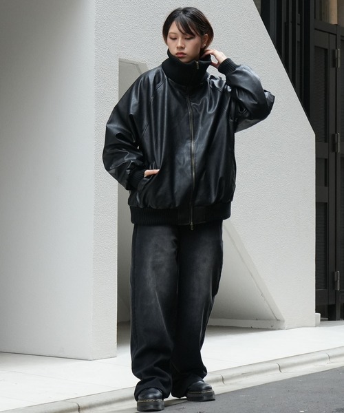 セール】Vintage-like synthetic leather rib turtle blouson