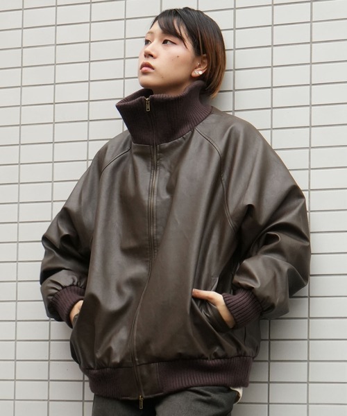 ジャケット・アウター [MADE] Theel Vintage Leather Jumper セール】Vintage-like synthetic leather rib turtle blouson