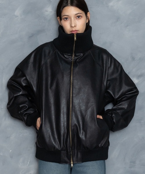 セール】Vintage-like synthetic leather rib turtle blouson