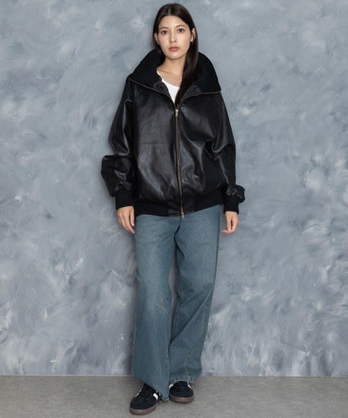 セール】Vintage-like synthetic leather rib turtle blouson