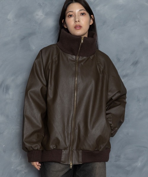 セール】Vintage-like synthetic leather rib turtle blouson