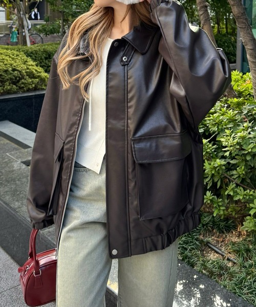 clear（クリア）の「アンティークレザーロング丈ブルゾン[ヴィンテージ フェイクレザー 華奢見え] ≪2025SS新作≫（その他アウター・レディース・ブラック/ブラウン/ライトベージュ・F）」の7枚目の写真