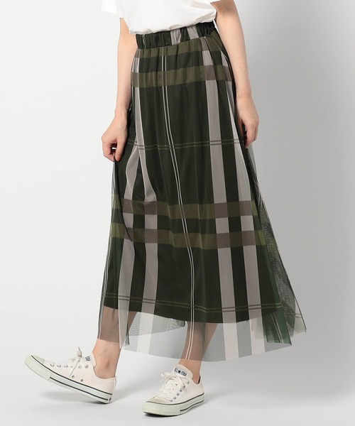 Grand PARK（グランドパーク）の「チュールチェックプリントスカート（スカート・レディース・ブラック/アイボリー/ネイビー/カーキ/グレー/ラベンダー・FREE）」の4枚目の写真