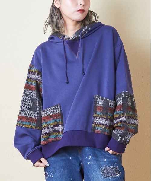 CUBE SUGAR（キューブシュガー）の「スウェット×ジャガードプルオーバーパーカー（パーカー・レディース・ブラック/カーキ/ナチュラル/ネイビー・M）」の4枚目の写真