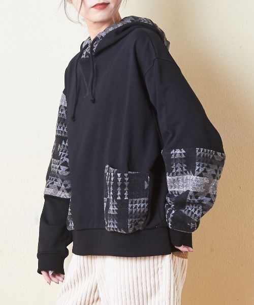 CUBE SUGAR（キューブシュガー）の「スウェット×ジャガードプルオーバーパーカー（パーカー・レディース・ブラック/カーキ/ナチュラル/ネイビー・M）」の2枚目の写真