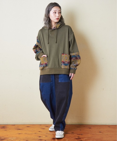 CUBE SUGAR（キューブシュガー）の「スウェット×ジャガードプルオーバーパーカー（パーカー・レディース・ブラック/カーキ/ナチュラル/ネイビー・M）」の11枚目の写真