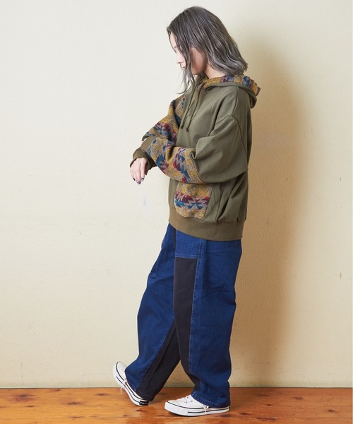 CUBE SUGAR（キューブシュガー）の「スウェット×ジャガードプルオーバーパーカー（パーカー・レディース・ブラック/カーキ/ナチュラル/ネイビー・M）」の12枚目の写真