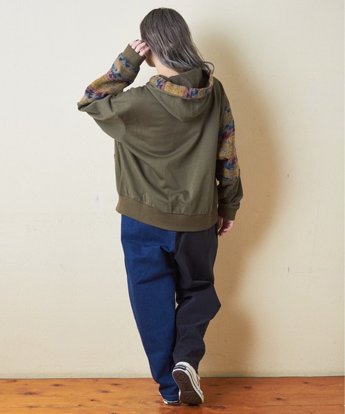 CUBE SUGAR（キューブシュガー）の「スウェット×ジャガードプルオーバーパーカー（パーカー・レディース・ブラック/カーキ/ナチュラル/ネイビー・M）」の13枚目の写真