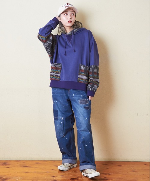 CUBE SUGAR（キューブシュガー）の「スウェット×ジャガードプルオーバーパーカー（パーカー・レディース・ブラック/カーキ/ナチュラル/ネイビー・M）」の14枚目の写真