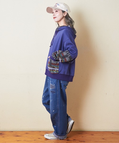 CUBE SUGAR（キューブシュガー）の「スウェット×ジャガードプルオーバーパーカー（パーカー・レディース・ブラック/カーキ/ナチュラル/ネイビー・M）」の15枚目の写真