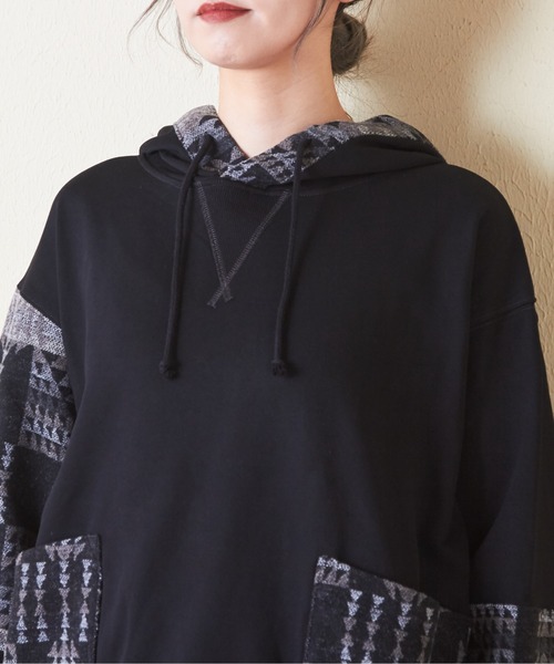 CUBE SUGAR（キューブシュガー）の「スウェット×ジャガードプルオーバーパーカー（パーカー・レディース・ブラック/カーキ/ナチュラル/ネイビー・M）」の21枚目の写真